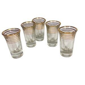 Set of 5 Vintage Gold Striped Glass Shot Aperitif Affter Dinner Drink Glasses